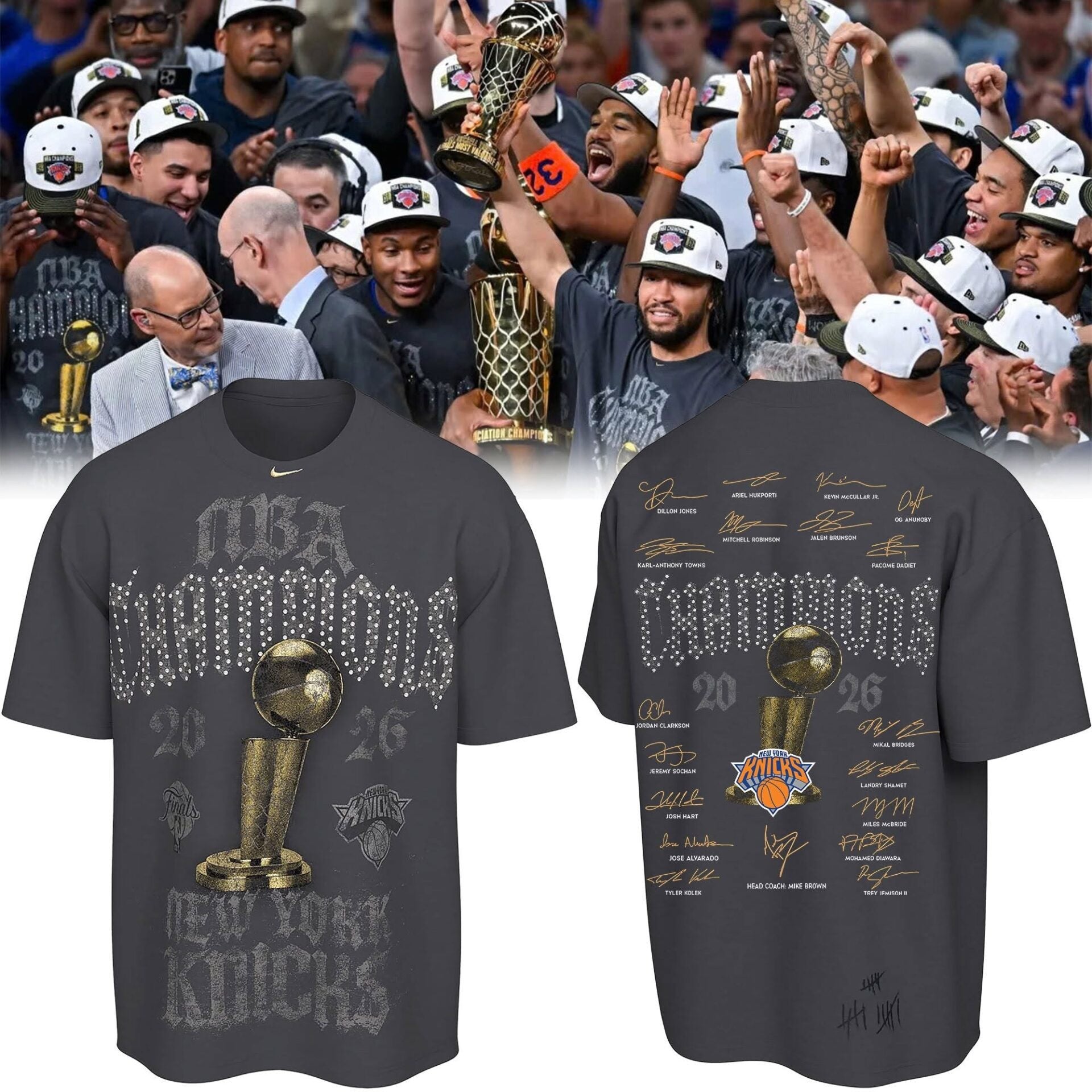 New York Knicks Champions Merch 2026 Knicks Championship Roster Trophy T-Shirt Signed - Loomnari