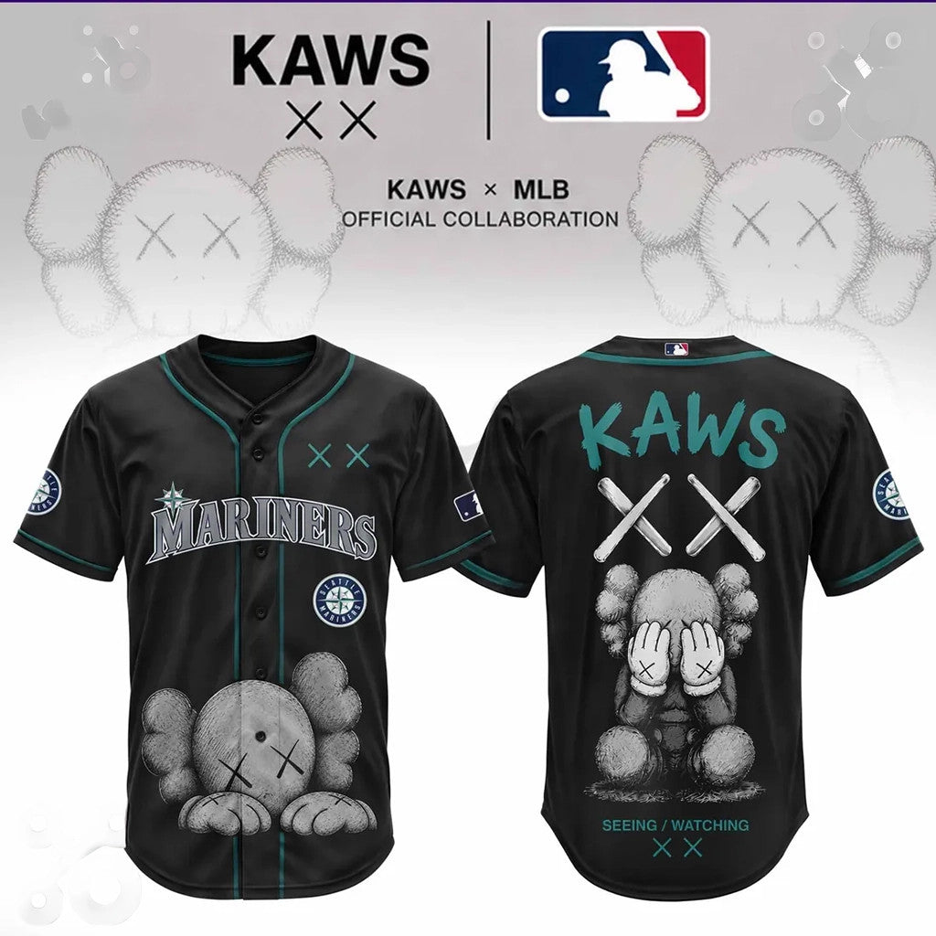 KAWS X Seattle Mariners Blackout Baseball Jersey 2026 Seattle Mariners Merch Baseball Fan Gifts - Loomnari