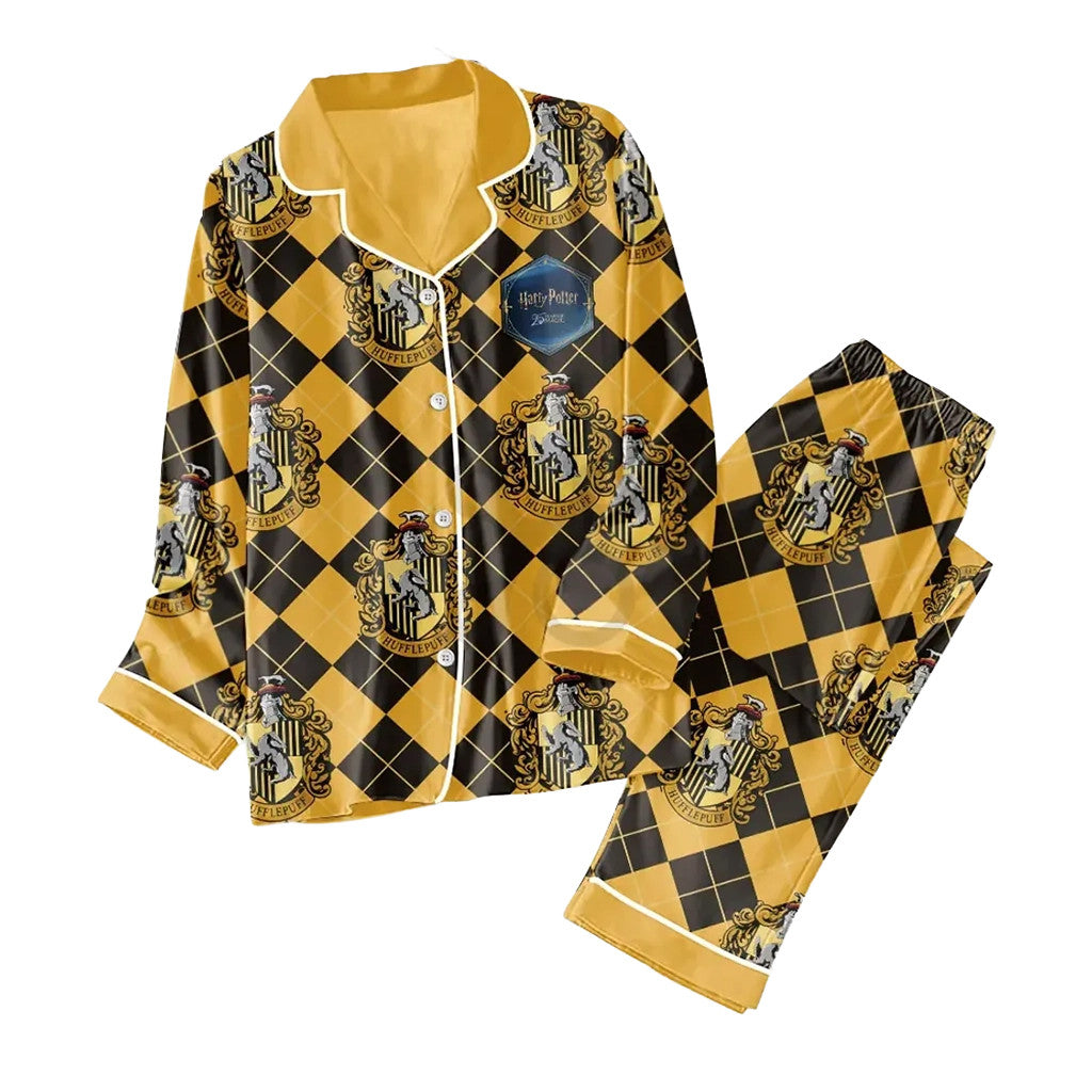Harry Potter Hufflepuff Yellow Black Satin Pajama Set Harry Potter Merch Present For Wife - Loomnari