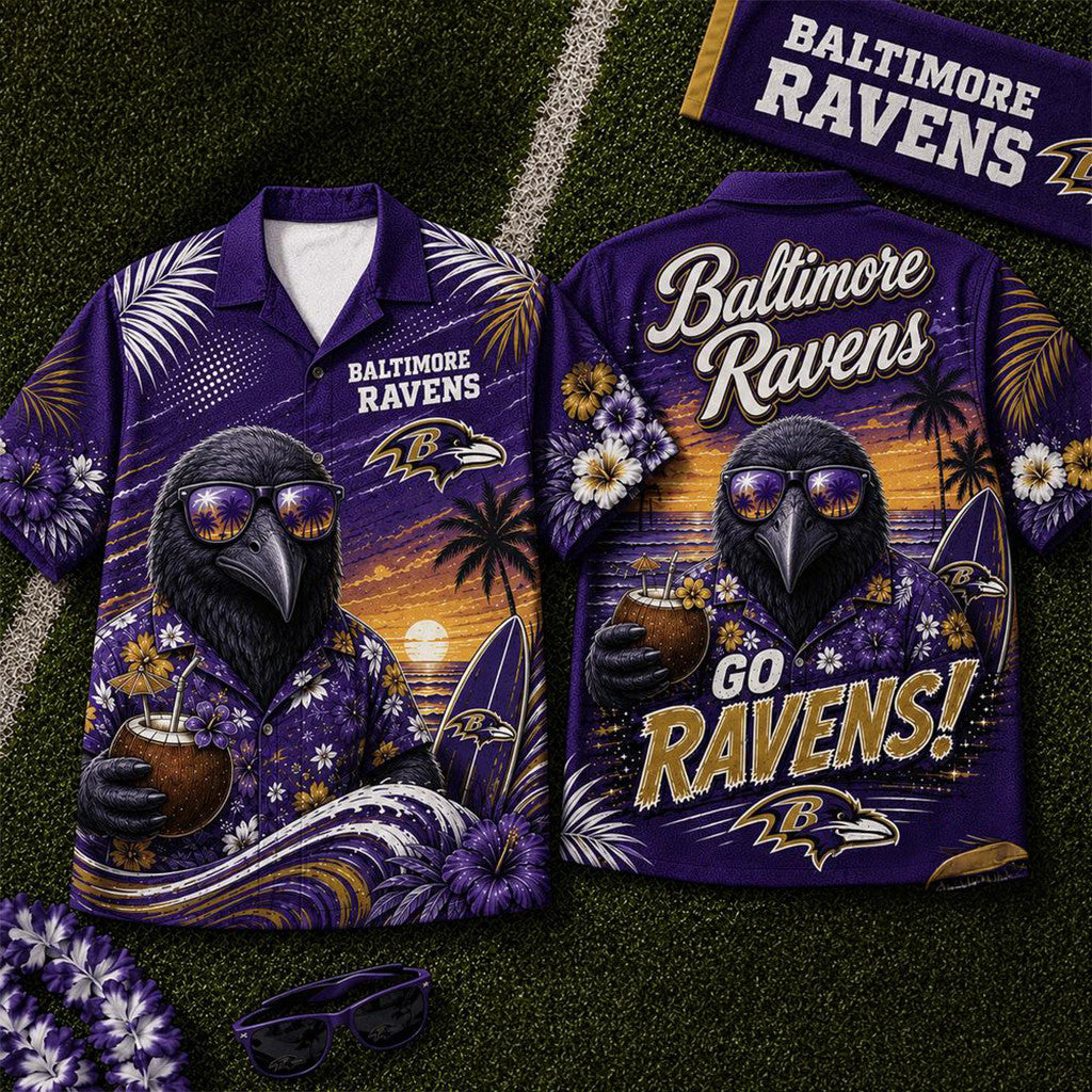 Baltimore Ravens 2026 Mascot Beach Vibes Summer Hawaiian Shirt Ravens Merch Gift For Fans - Loomnari