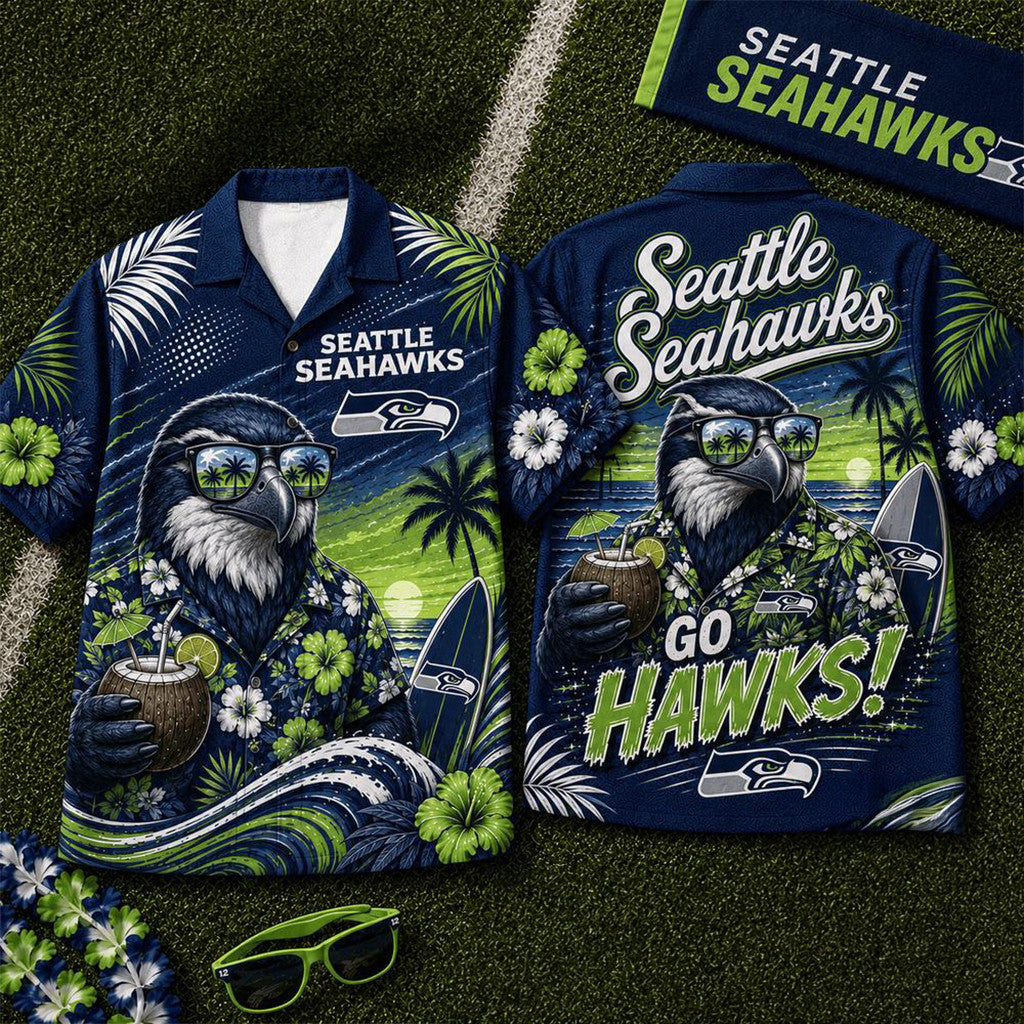 Seattle Seahawks 2026 Mascot Beach Vibes Summer Hawaiian Shirt Seahawks Merch Fan Present - Loomnari