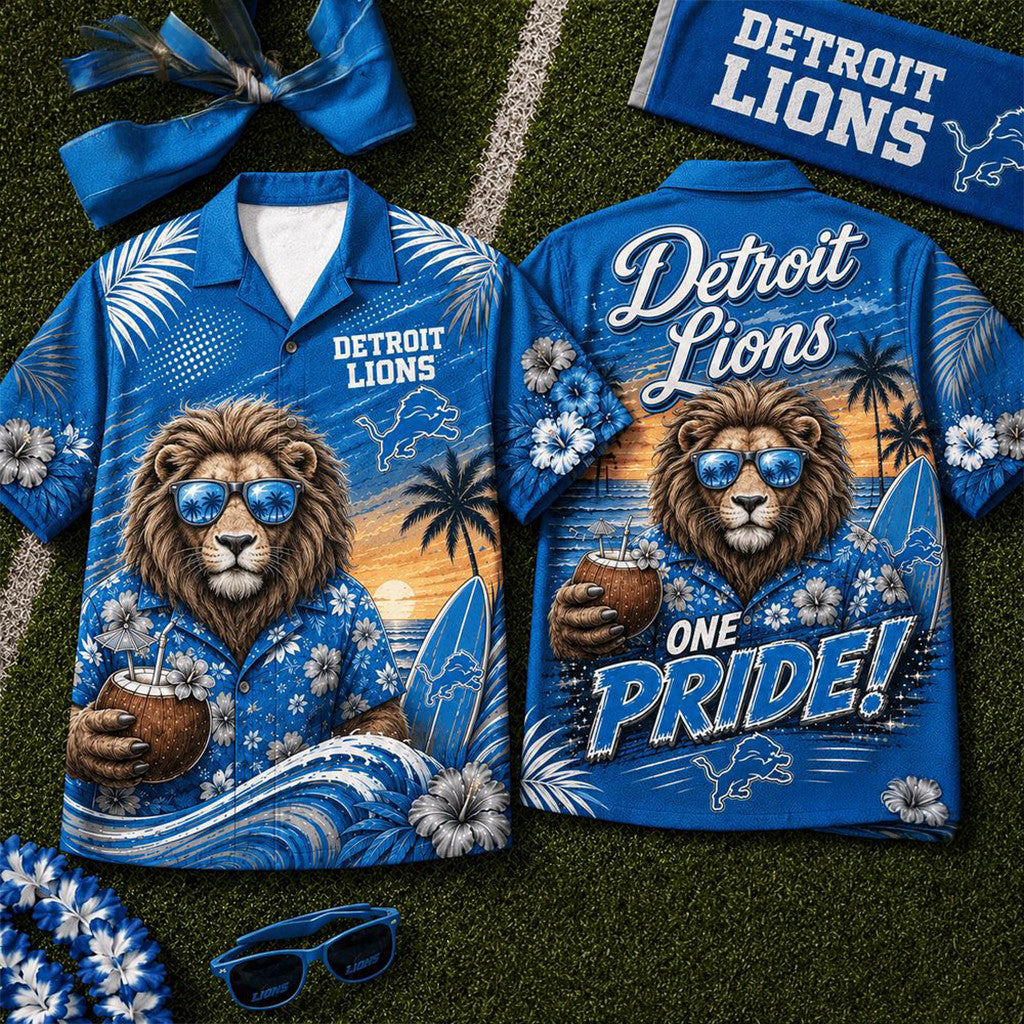 Detroit Lions 2026 Mascot Beach Vibes Summer Hawaiian Shirt Detroit Lions Merch Gift For Dad - Loomnari