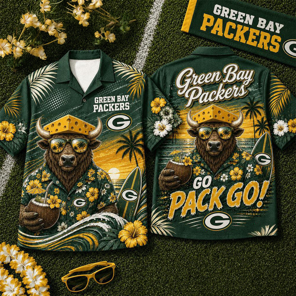 Green Bay Packers 2026 Mascot Beach Vibes Summer Hawaiian Shirt Packers Merch Fan Apparel - Loomnari