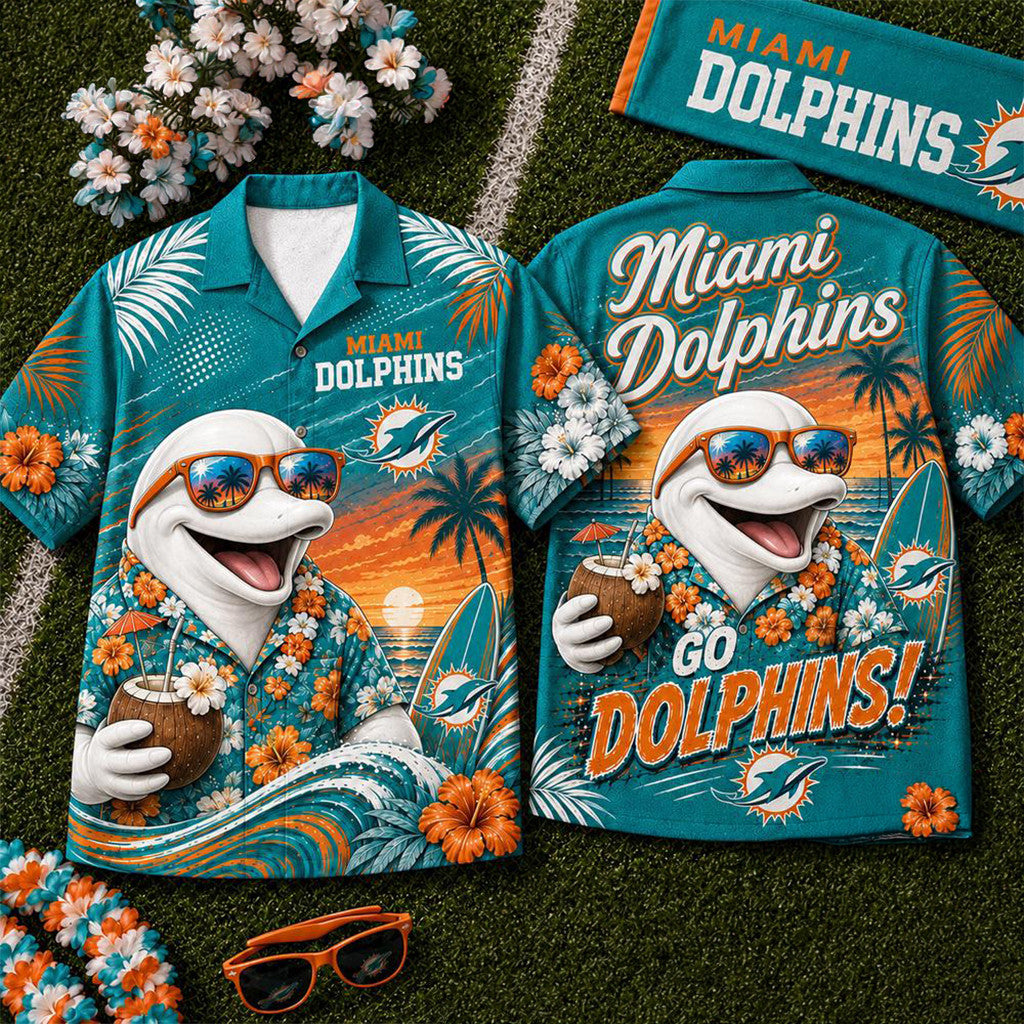 Miami Dolphins 2026 Mascot Beach Vibes Summer Hawaiian Shirt Dolphins Merch Gift For Fathers - Loomnari