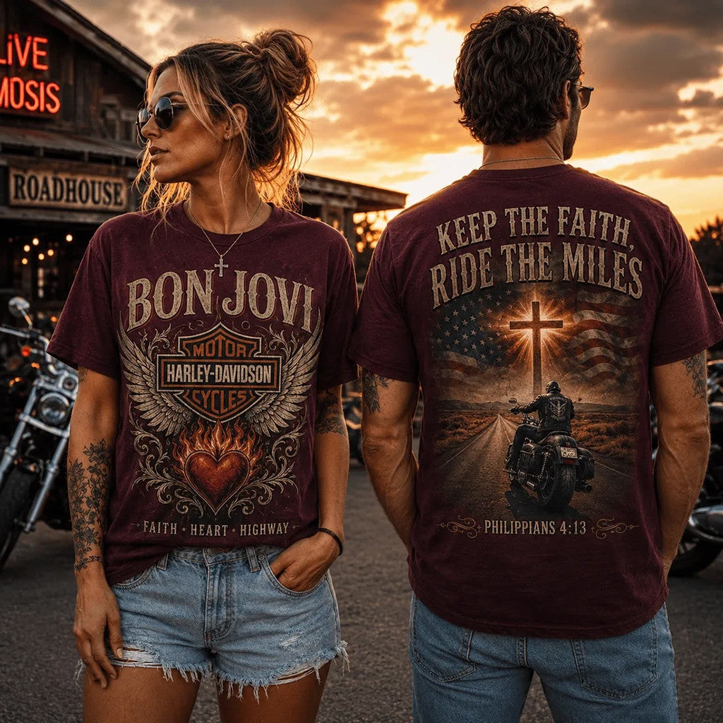 Bon Jovi Harley-Davidson Faith Cross T-Shirt Keep The Faith Ride The Miles Shirt Religious Gift - Loomnari