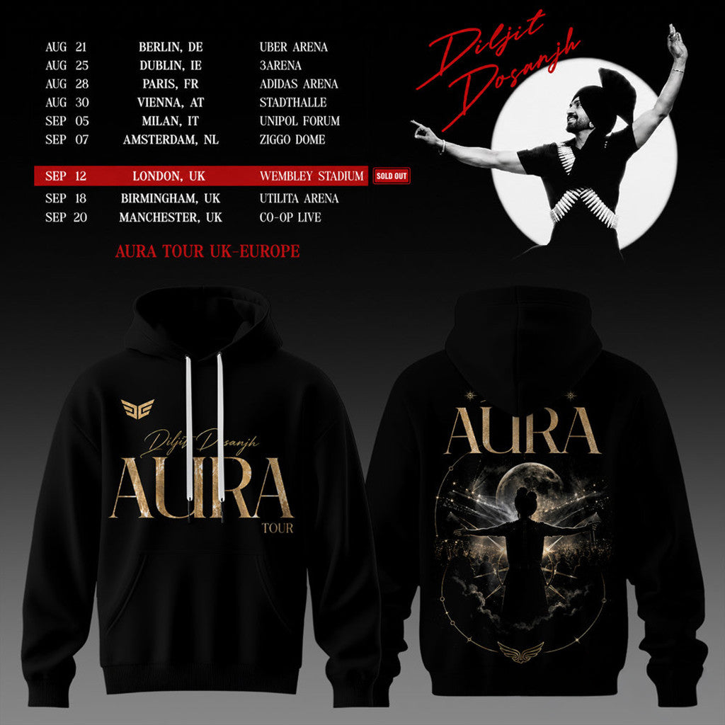 Diljit Dosanjh Aura World Tour 2026 Black Hoodie Diljit Dosanjh Merch Gift For Music Fans - Loomnari