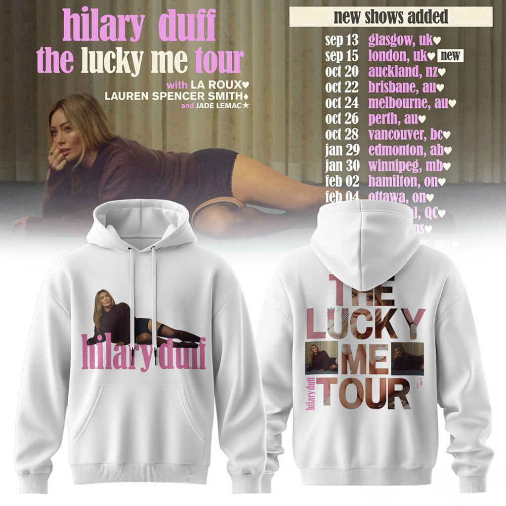 Hilary Duff Merch 2026 The Lucky Me Tour White Hoodie Hilary Duff Hoodie Gift For Music Lover - Loomnari