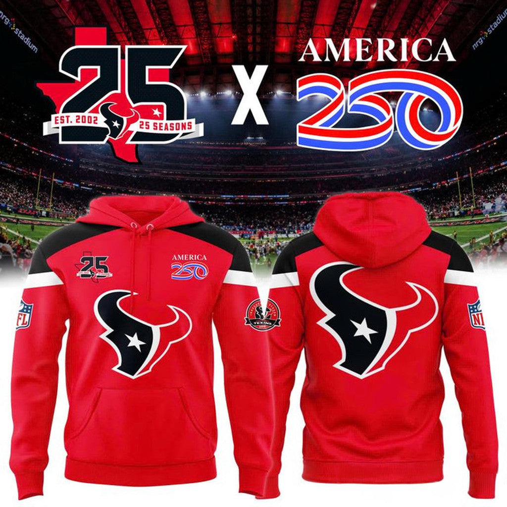 Houston Texans 25 Seasons X America 250 Red Hoodie Houston Texans Merch Football Fan Gifts - Loomnari