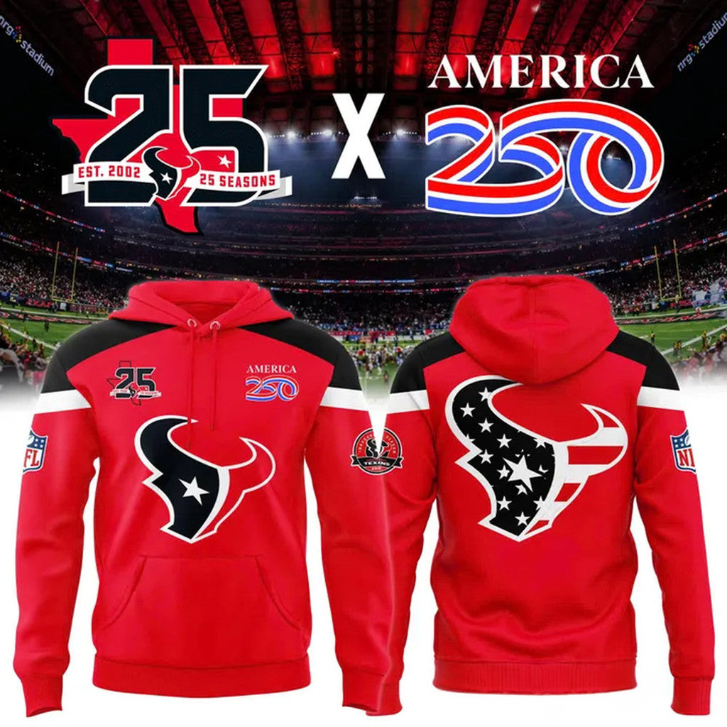 Houston Texans 25 Seasons X America 250 Red Hoodie Houston Texans Merch Patriotic Gifts - Loomnari