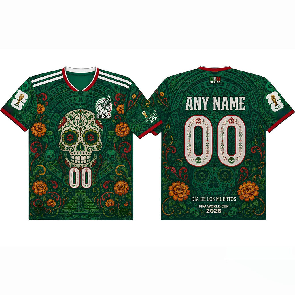 Personalized Mexico Dia De Los Muertos FIFA World Cup 2026 Sugar Skull Football Jersey Shirt - Loomnari