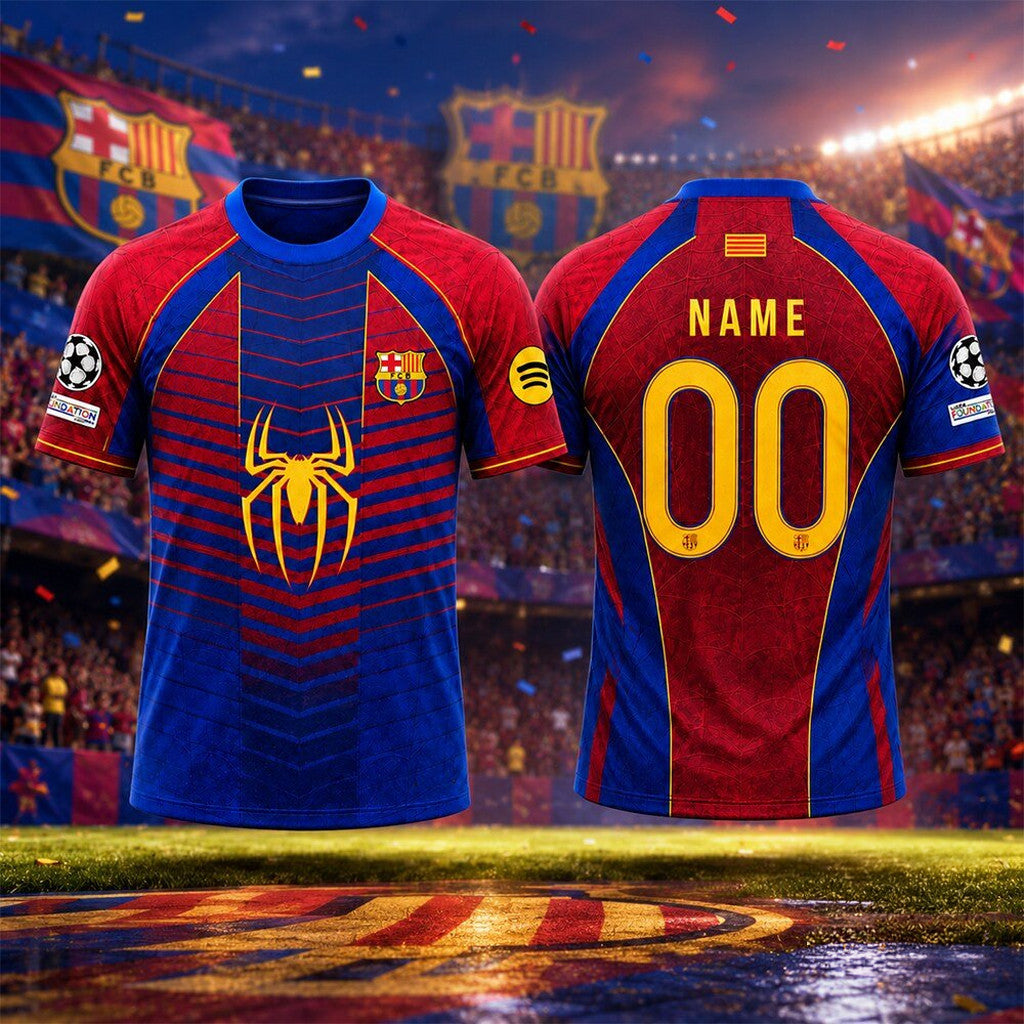 Personalized 2026 FC Barcelona X Spider Man Marvel Soccer Jersey Shirt Gift For Brothers - Loomnari