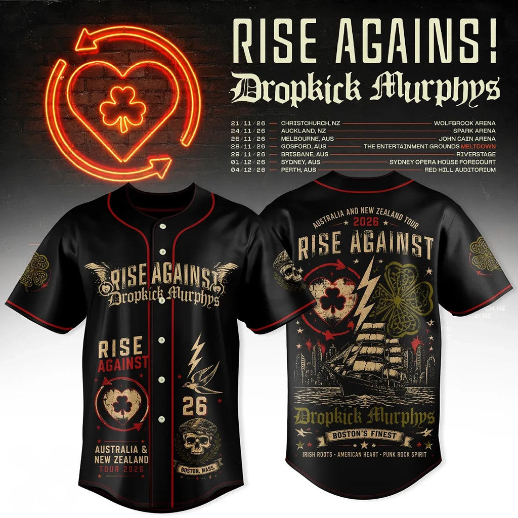 Rise Against x Dropkick Murphys 2026 Tour Black Baseball Jersey Rise Against Merch Fan Gear - Loomnari