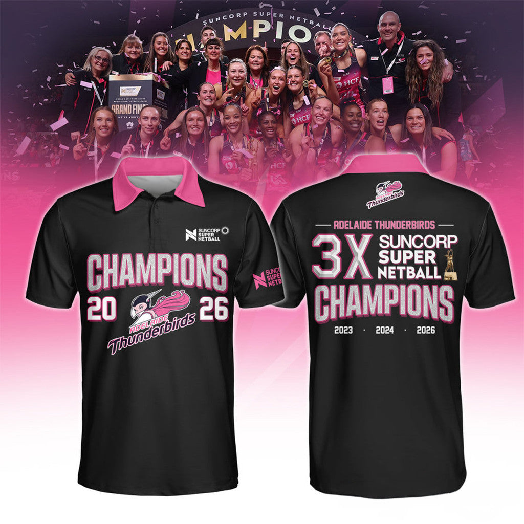 Adelaide Thunderbirds Champions 2026 Black Polo Shirt Thunderbirds Merch Gift For Netball Fans - Loomnari