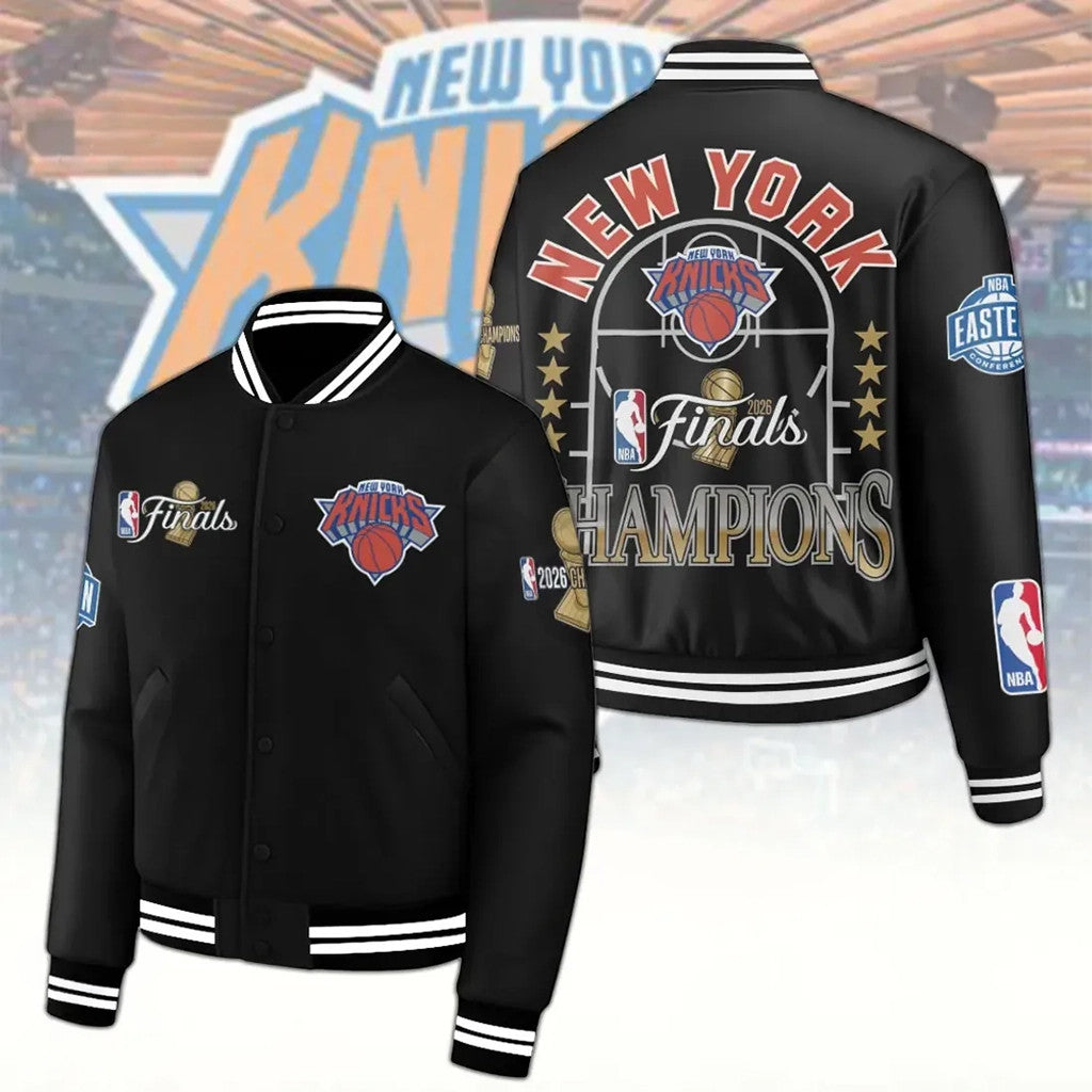 New York Knicks 2026 Finals Champions Black Varsity Jacket Knicks Merch Basketball Lover Gifts - Loomnari