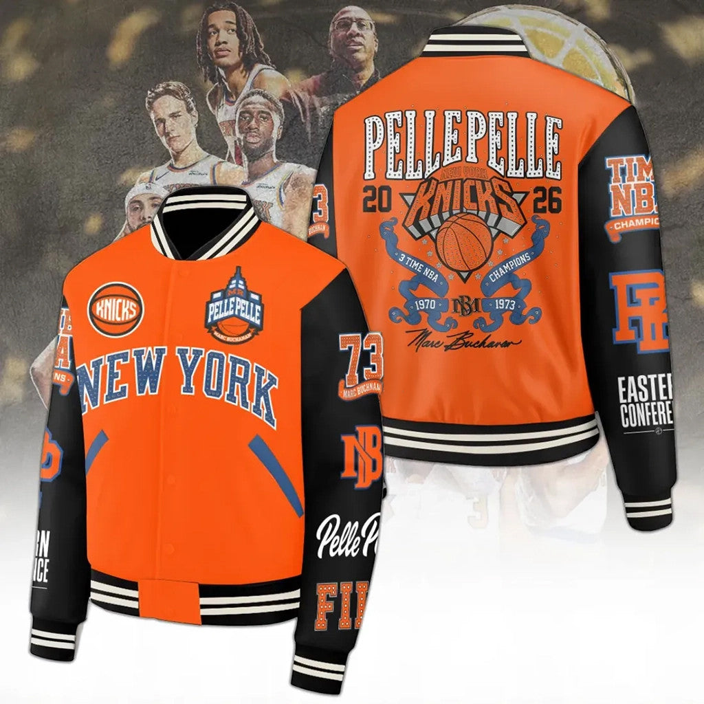 Pelle Pelle New York Knicks Orange Black Varsity Jacket 2026 Knicks Merch Basketball Fan Gifts - Loomnari