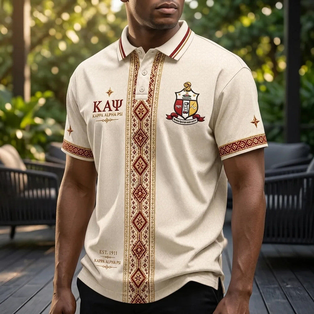 Kappa Alpha Psi Cream Cultural Pattern Polo Shirt KAP Fraternity Merch Present for Grandpa - Loomnari