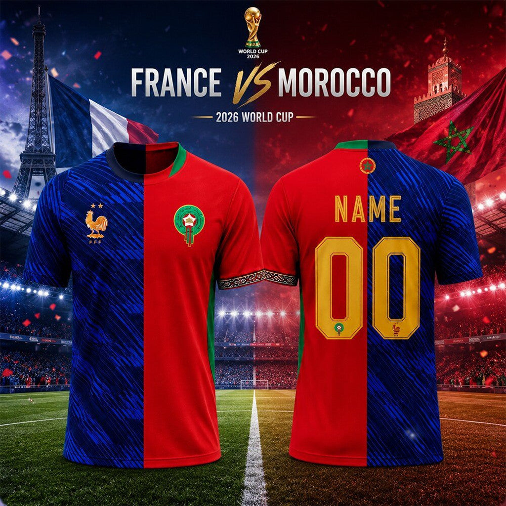 Personalized France Vs Morocco 2026 World Cup Split Jersey Shirt Football Fan Merch Best Gift - Loomnari