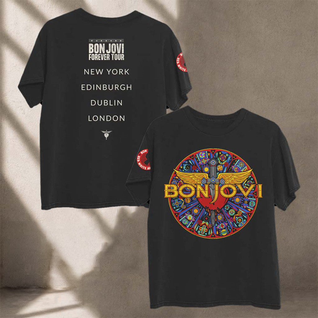 Bon Jovi Heart And Dagger Stained Glass Forever Tour 2026 Black T-Shirt Bon Jovi Concert Merch
