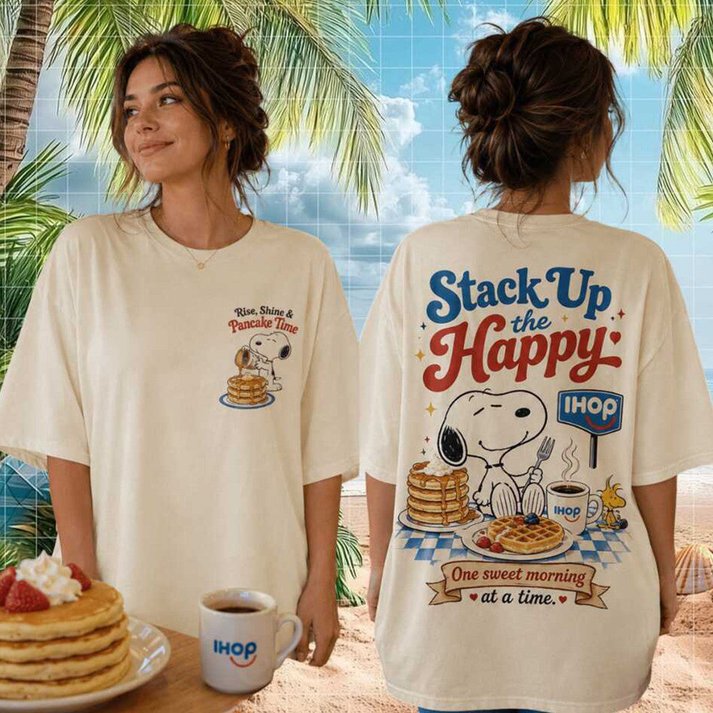 Snoopy Stack Up The Happy Pancake Time Vintage Retro Shirt Cartoon Food Lovers Apparel Women's