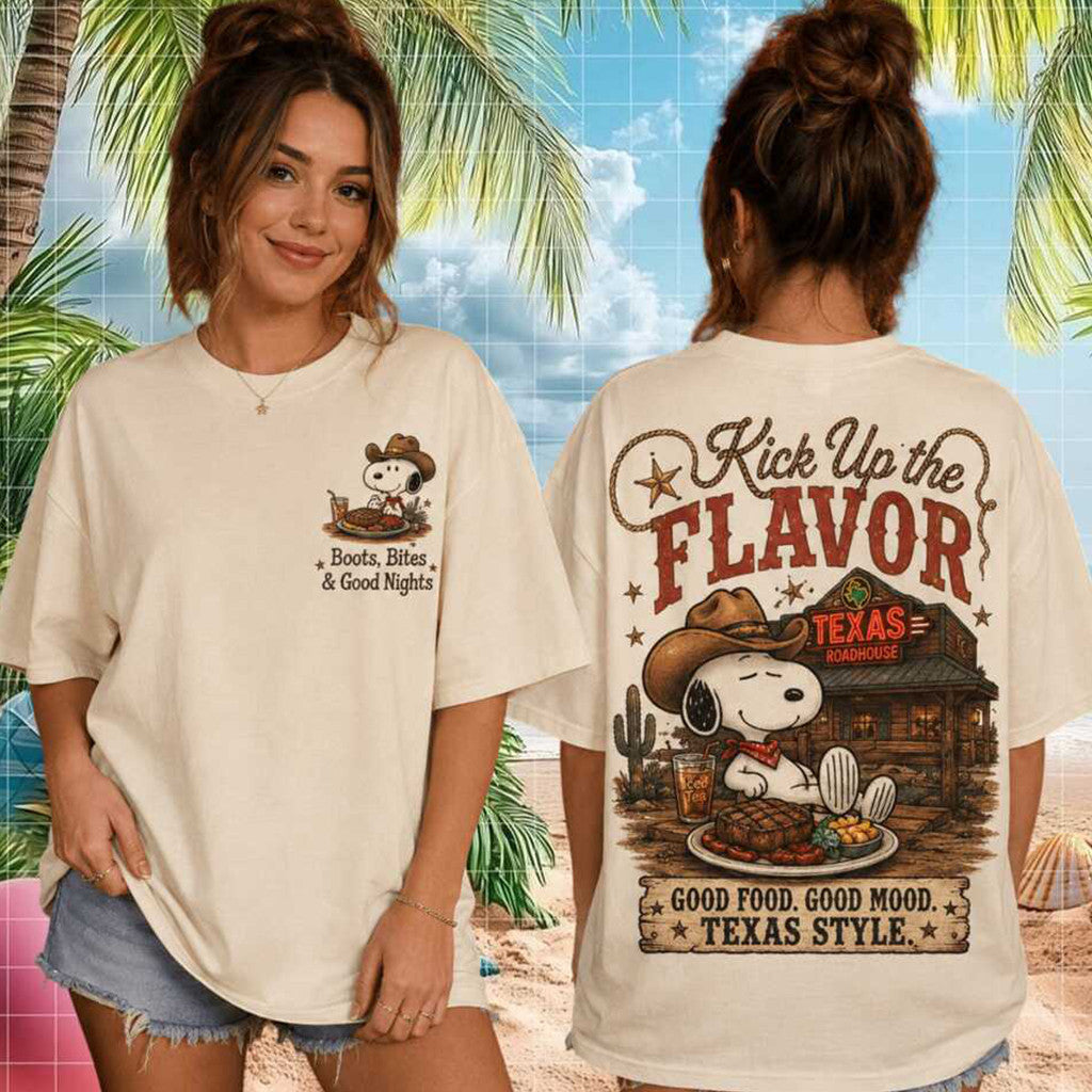 Snoopy Texas Roadhouse Kick Up The Flavor Shirt Boots Bites And Good Nights Snoopy Merch