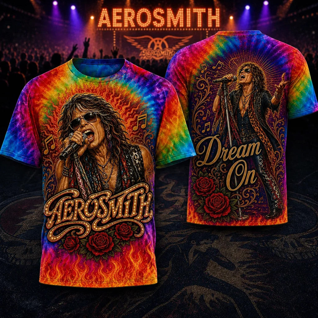 Aerosmith Dream On Rainbow Tie Dye T-Shirt 2026 Aerosmith Merch Gift For Rock Band Fans