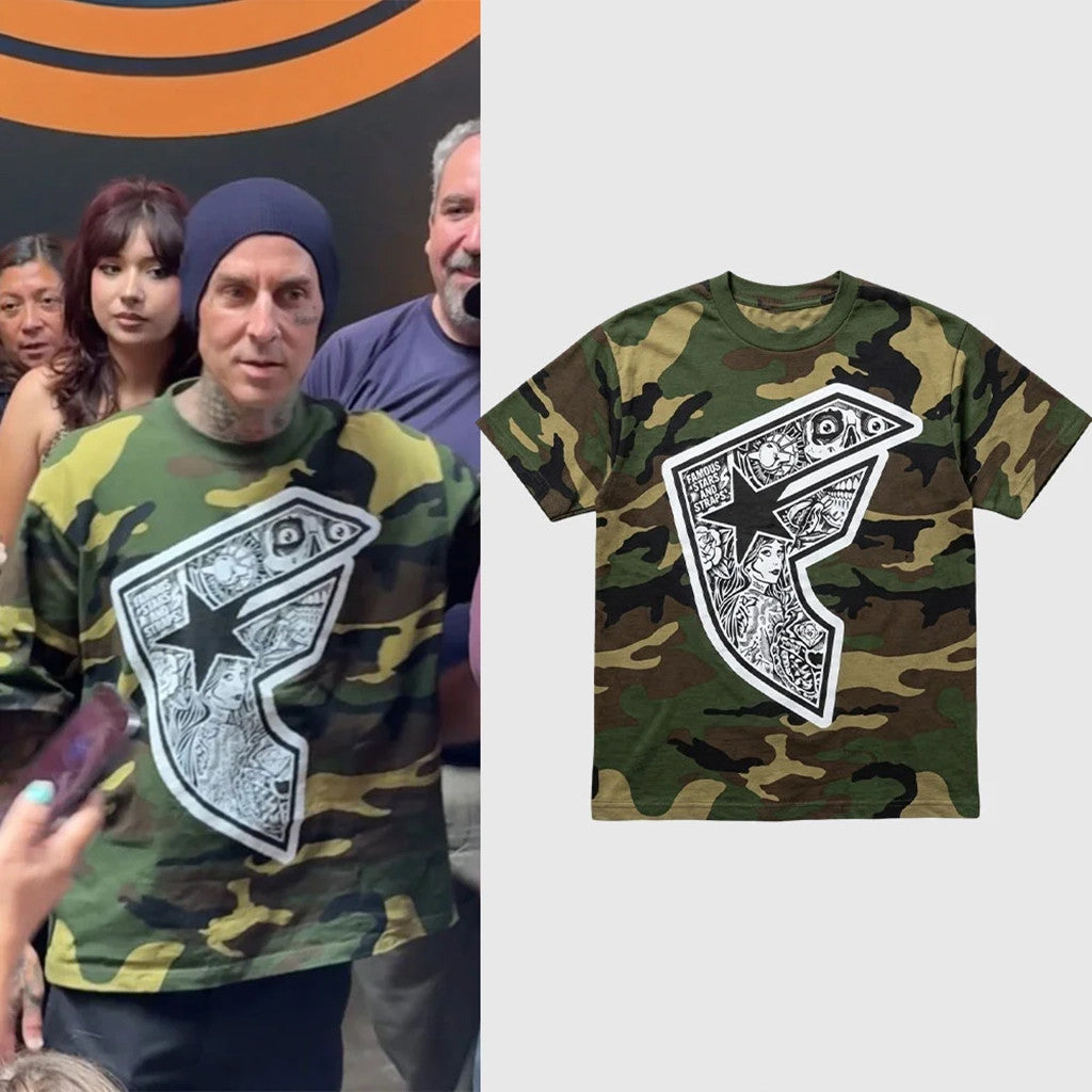 Travis Barker Famous Stars And Straps Camo Shirt At The Blink 182 Day In Los Angeles T-Shirt