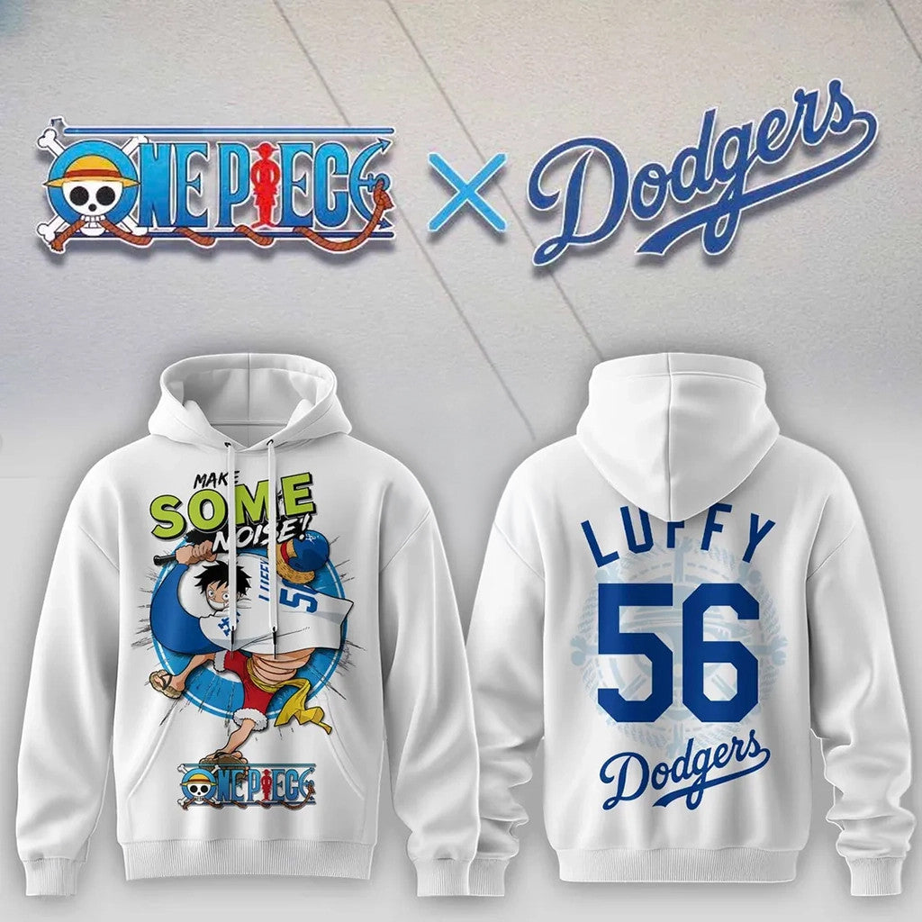 One Piece X Los Angeles Dodgers Luffy White Hoodie LA Dodgers Merch Anime Gift For Husband