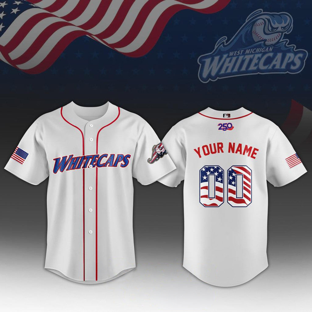 Custom West Michigan Whitecaps 250Th Anniversary 4Th Of July Jersey WM Whitecaps Merch