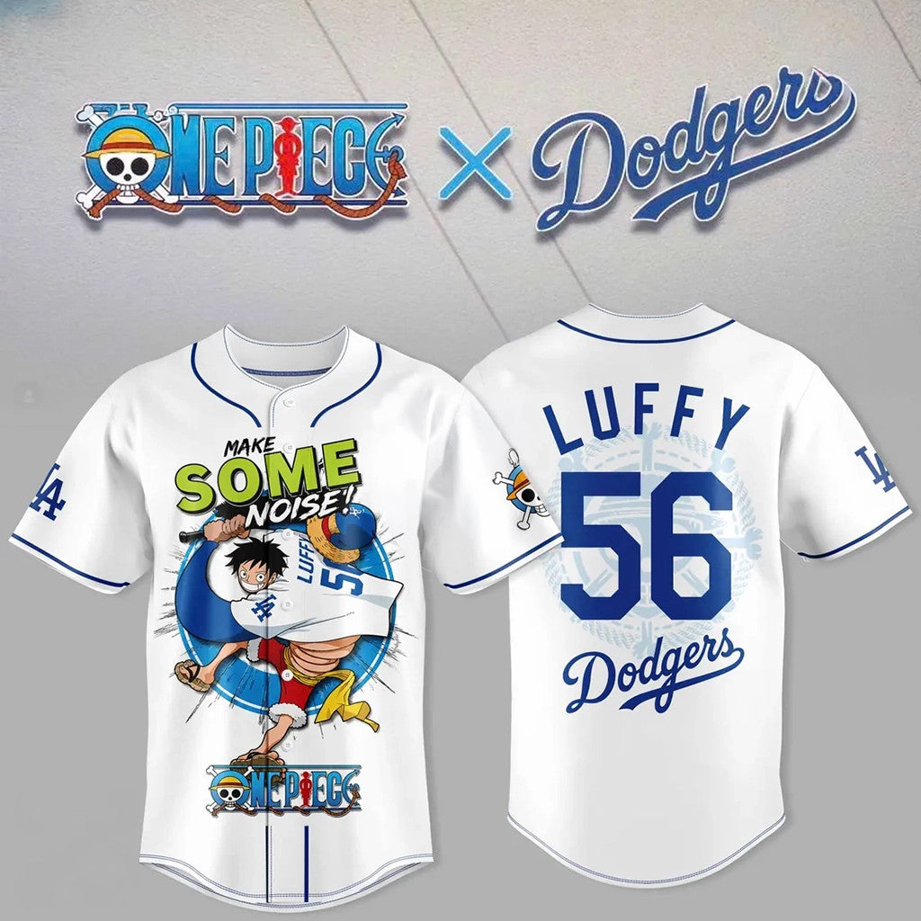 One Piece X Los Angeles Dodgers Luffy White Baseball Jersey LA Dodgers Merch Anime Fan Gifts