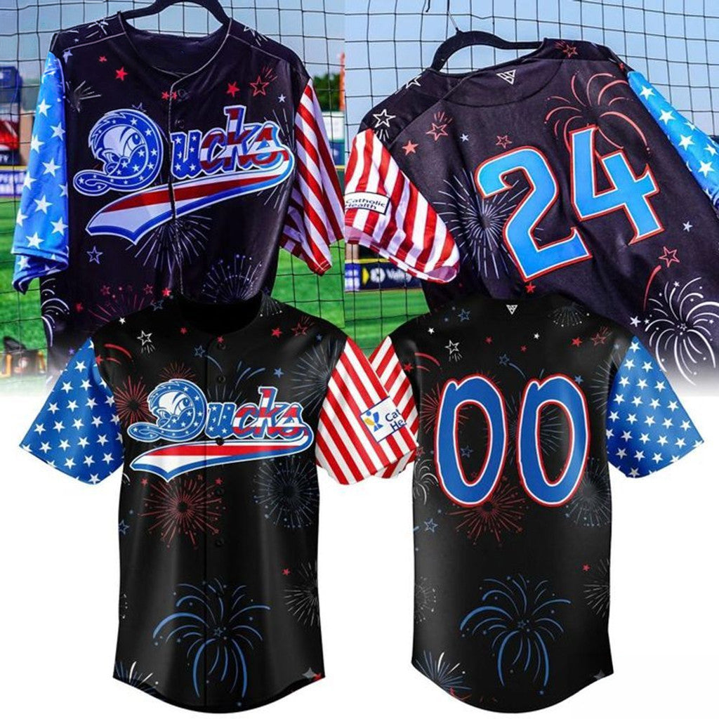 Personalized Long Island Ducks Patriotic 4Th Of July Fireworks Baseball Jersey Fan Merch