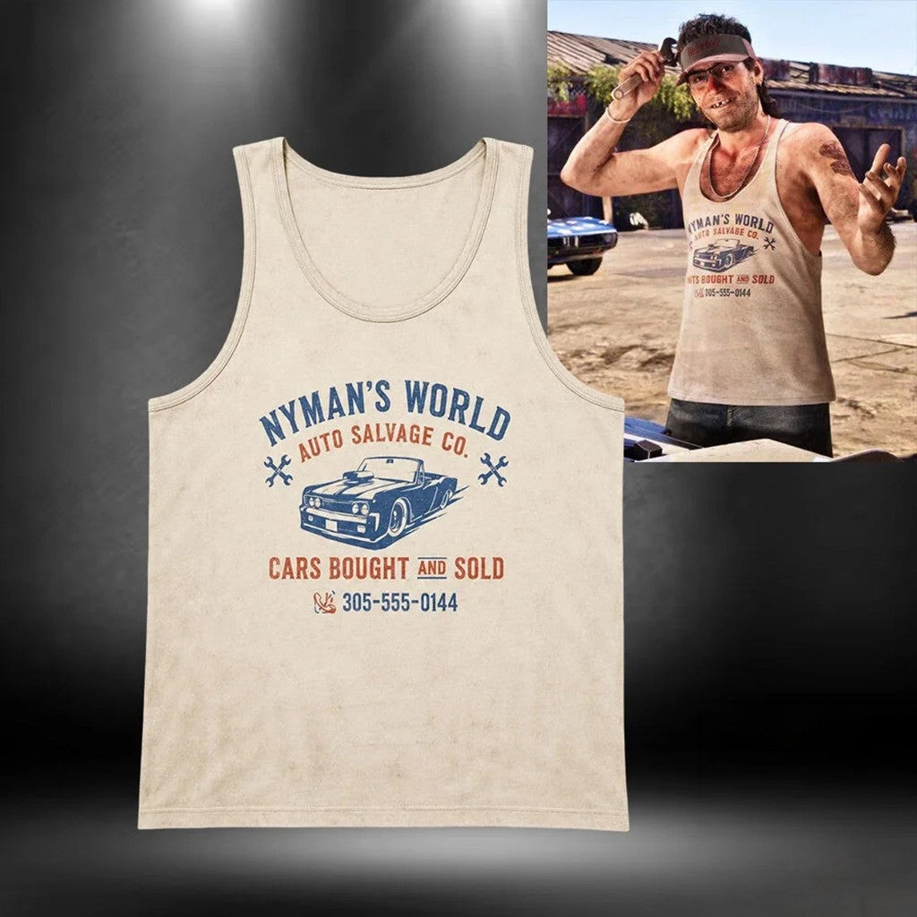 Grand Theft Auto VI Merch 2026 GTA 6 Wyman's World Auto Salvage Tank Top Gift For Him