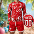 Personalized Switzerland Football National Team Red Swirl Long Sleeve Shirt Shorts Set Fan Gear