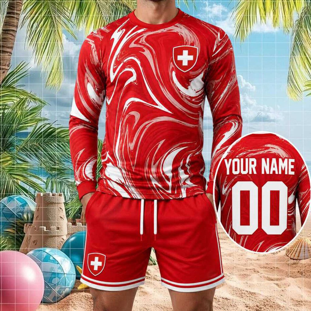 Personalized Switzerland Football National Team Red Swirl Long Sleeve Shirt Shorts Set Fan Gear