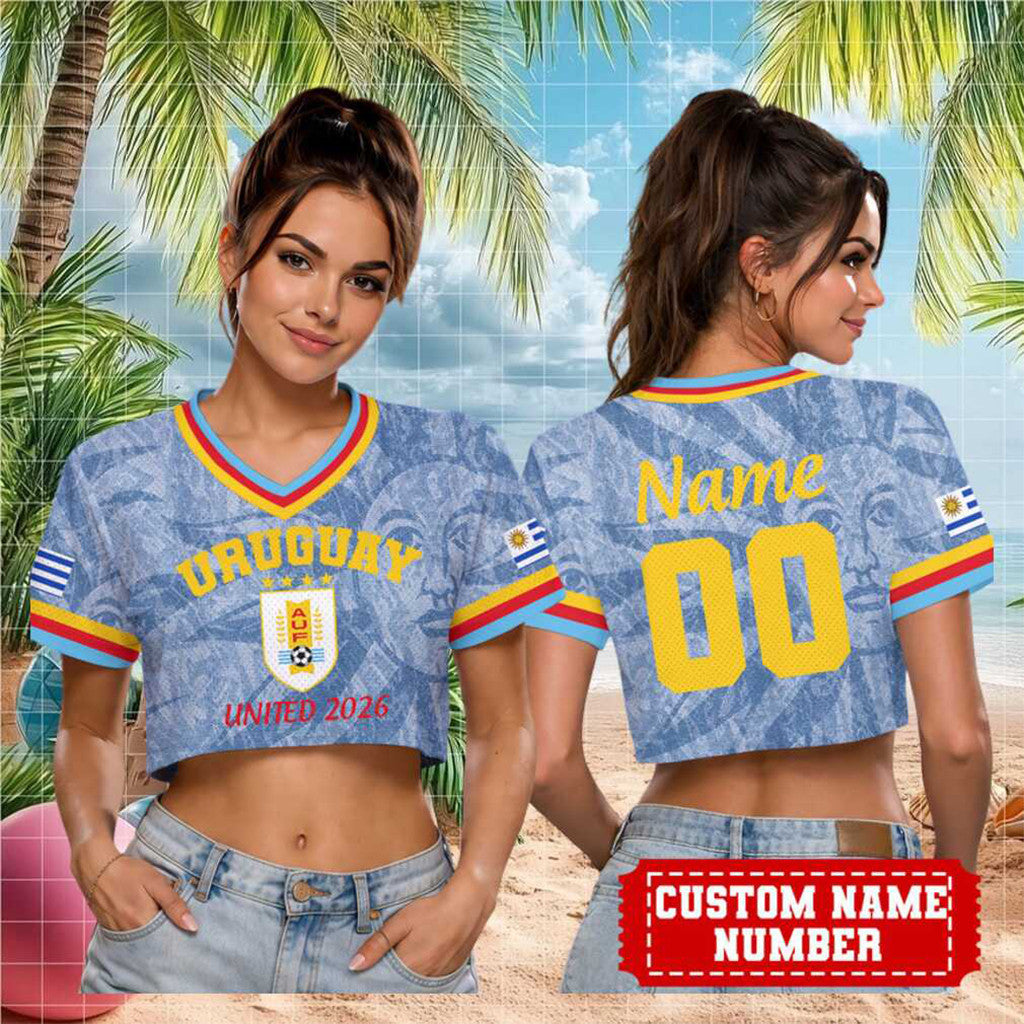 Custom Uruguay United 2026 Cropped V-Neck Shirt Uruguay National Team Merch Best Gift For Her