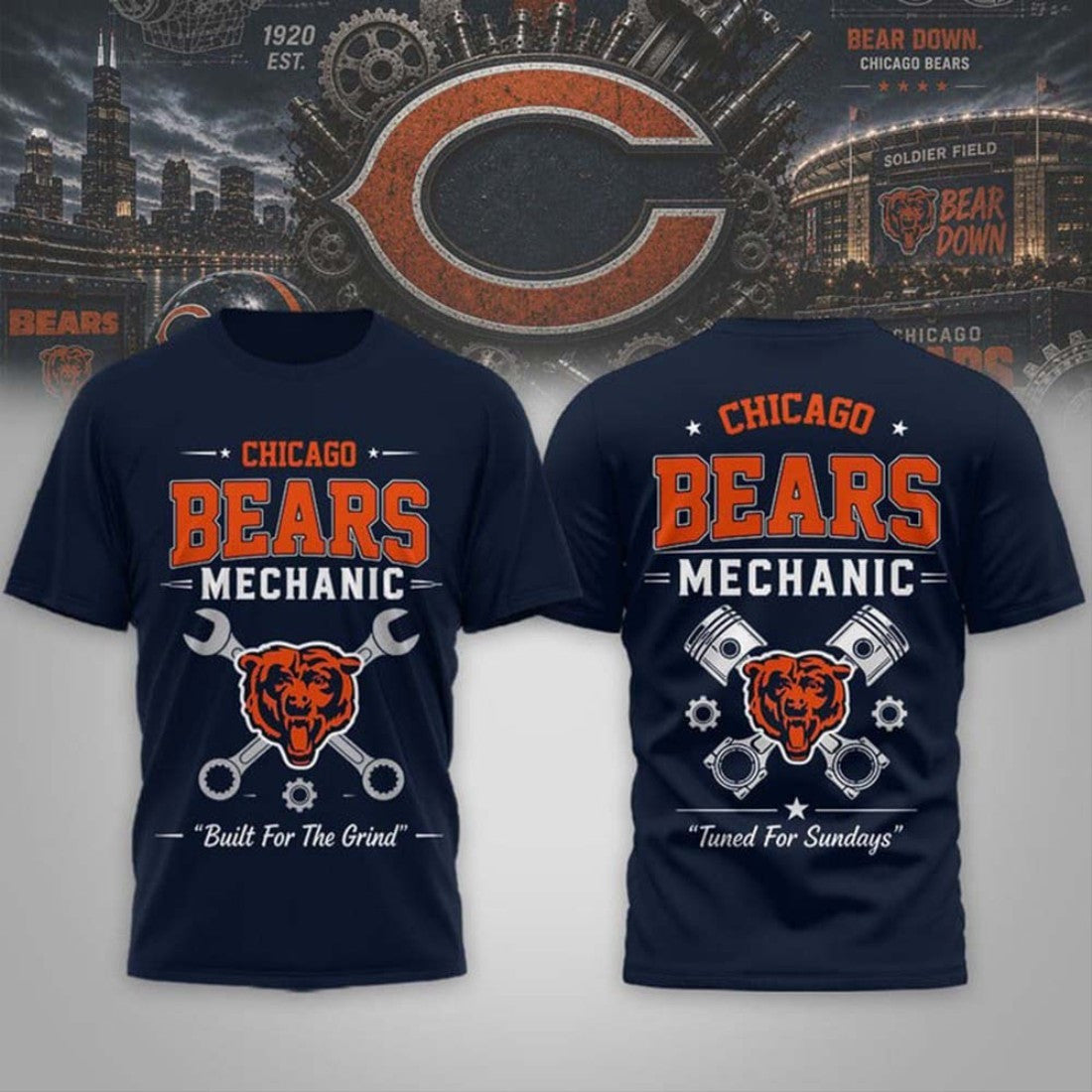 Chicago Bears Mechanic Built For The Grind T-Shirt 2026 Chicago Bears Merch Stepdad Gifts