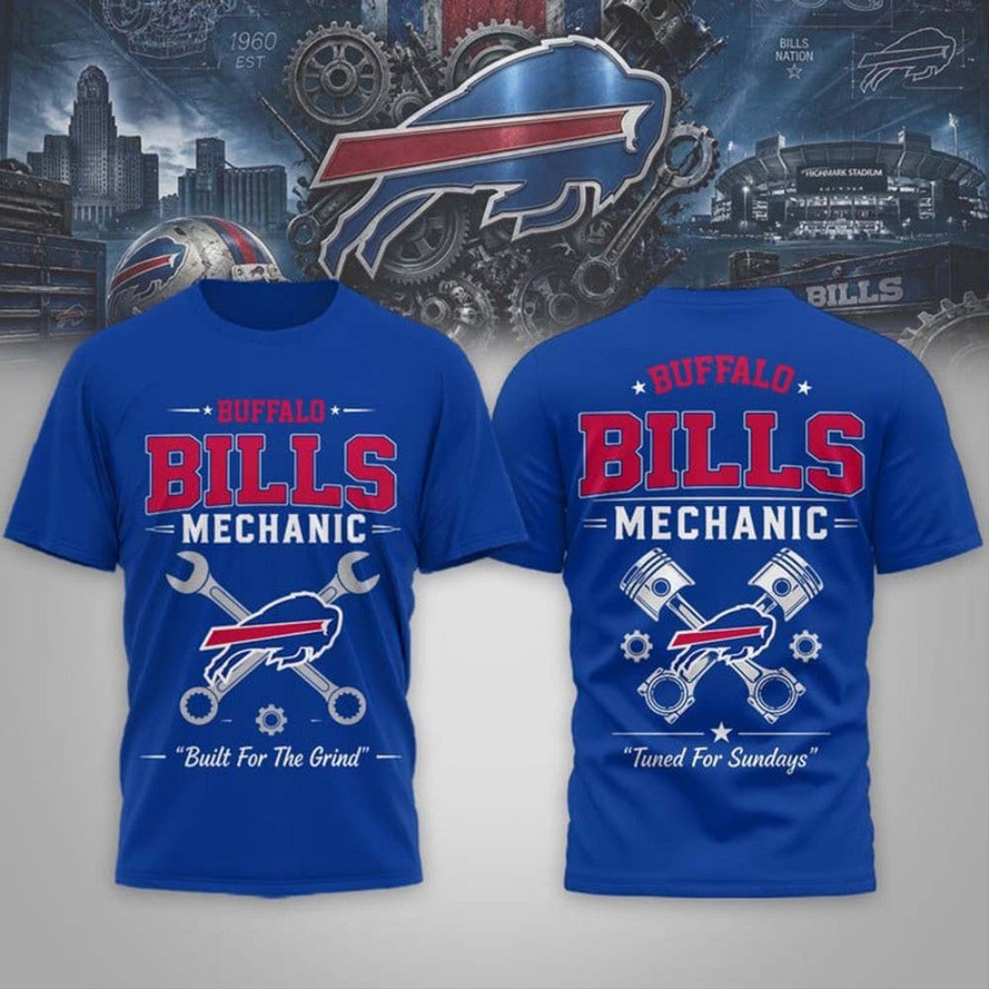 Buffalo Bills Mechanic Built For the Grind T-Shirt 2026 Buffalo Bills Merch Football Fan Gifts