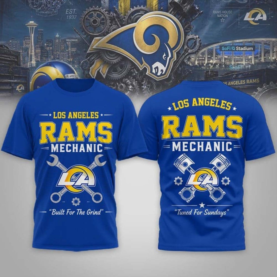 Los Angeles Rams Mechanic Built For The Grind T-Shirt 2026 LA Rams Merch Football Related Gifts