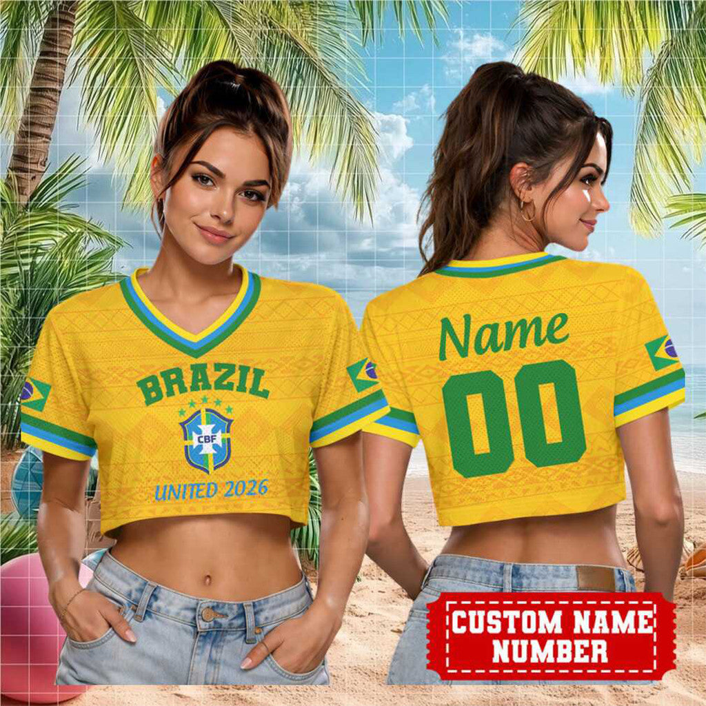 Personalized Brazil United 2026 Cropped V-Neck Shirt Brazil FIFA World Cup Merch Fan Gear
