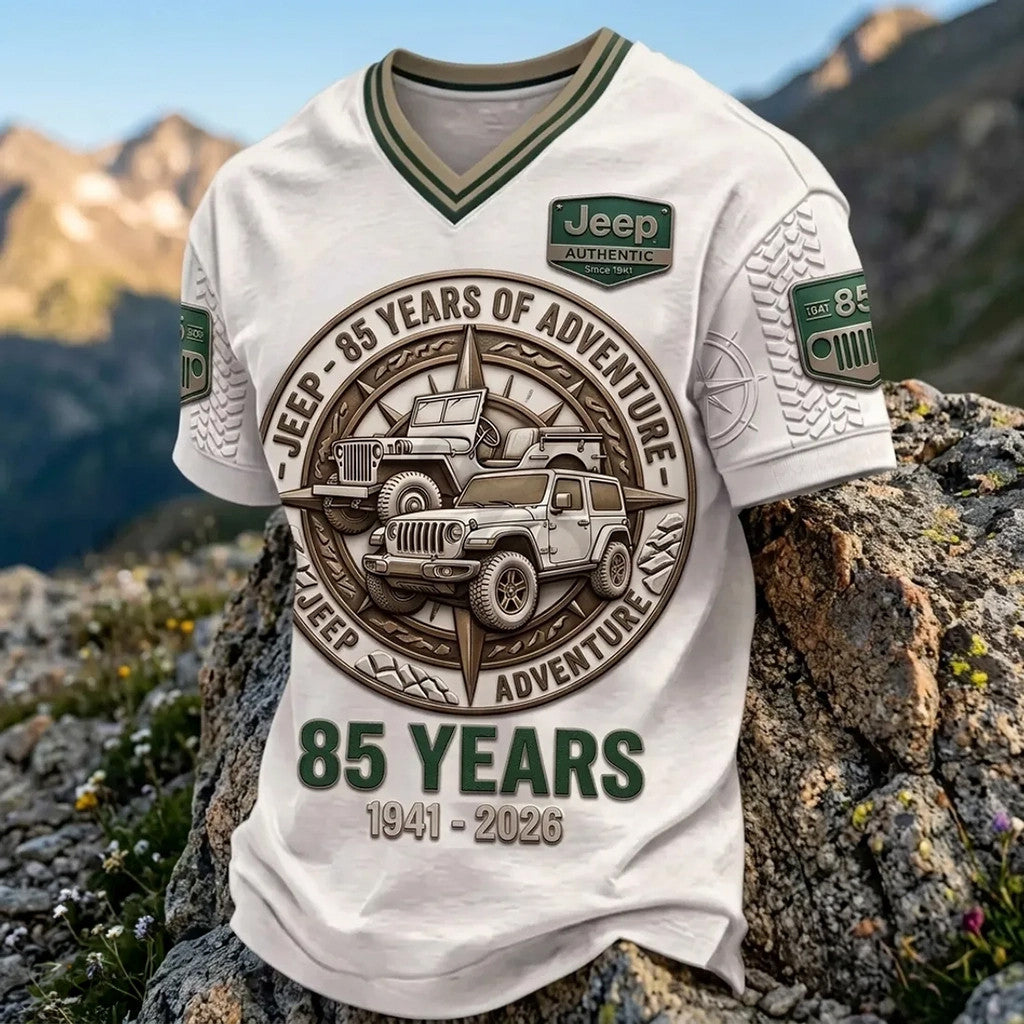 Jeep 85 Years Of Adventure White V-Neck Shirt 2026 Jeep Merch Best Gifts For Boyfriend