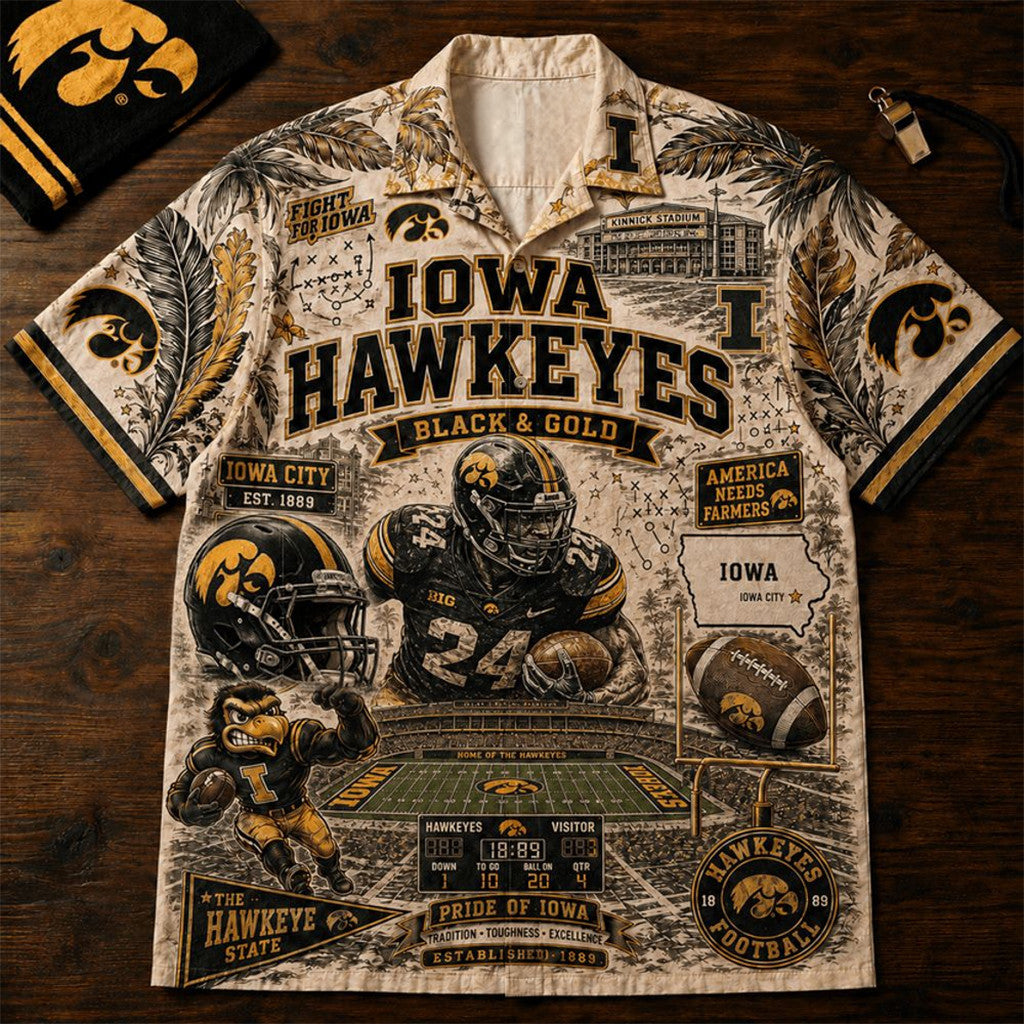 Iowa Hawkeyes Football 2026 Hawaiian Shirt Black And Gold Iowa Hawkeyes Merch Gift For Fans