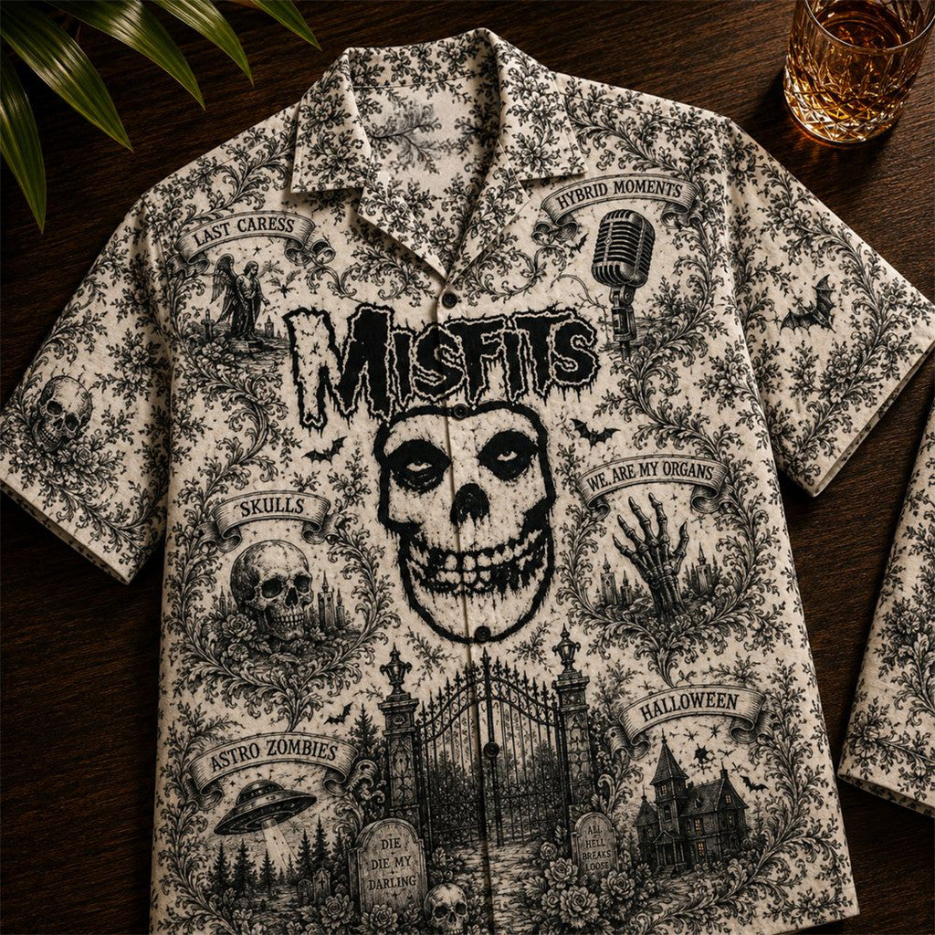 Misfits Vintage Toile De Jouy Fiend Skull Hawaiian Shirt Misfits Merch Gift For Rock Band Fans