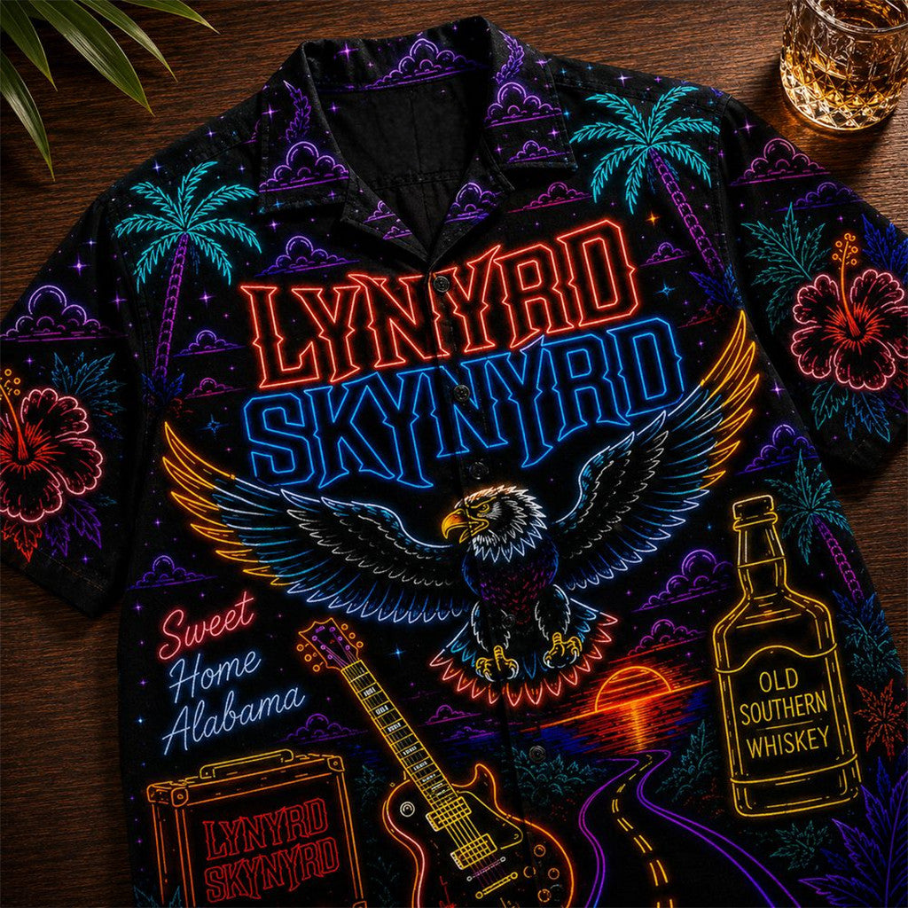 Lynyrd Skynyrd Punk Rock Band Neon Hawaiian Shirt 2026 Lynyrd Skynyrd Merch Father Gifts