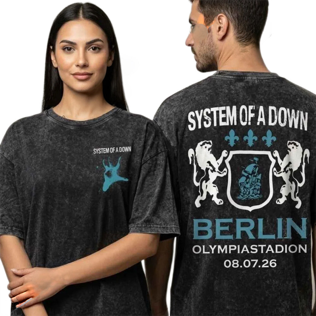 System Of A Down At Olympiastadion Berlin Germany On July 8 2026 Lion Logo Wash Shirt SOAD Merch - Loomnari