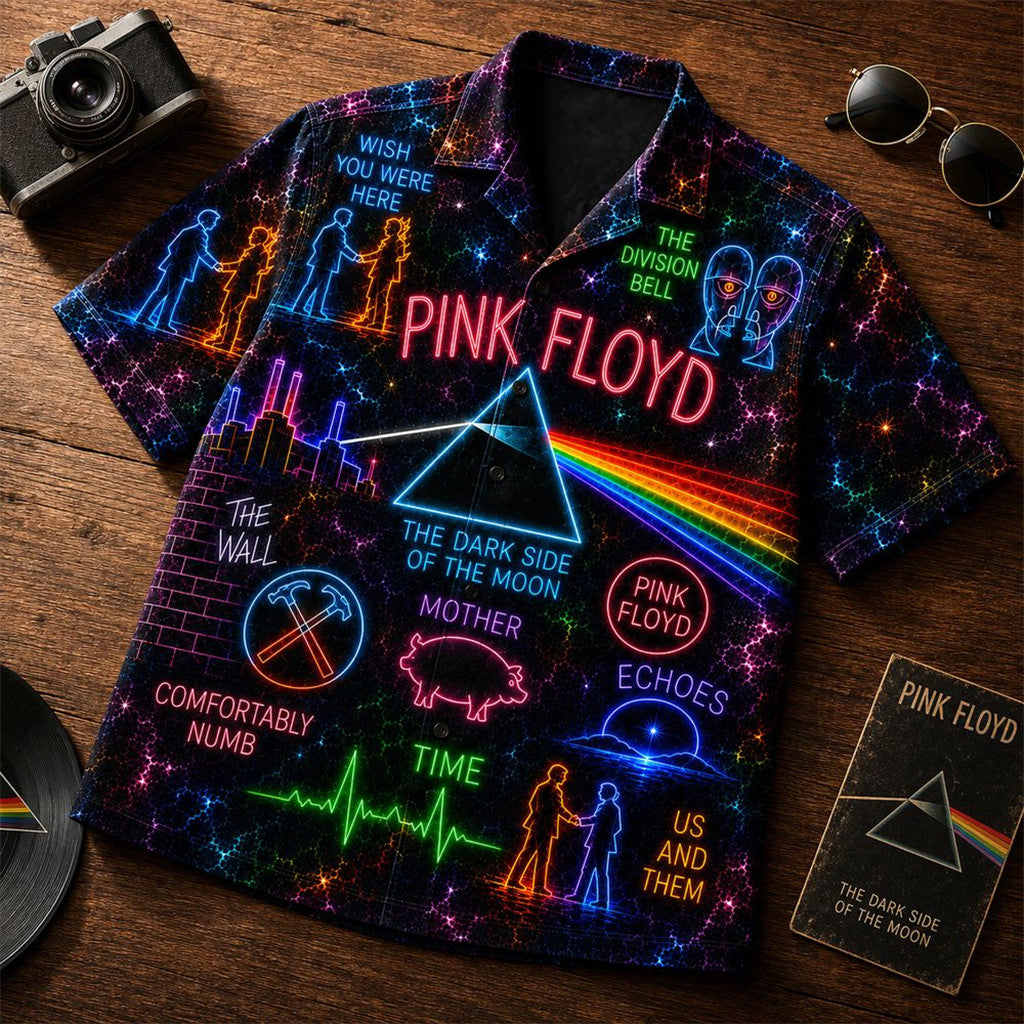 Pink Floyd Band Neon Light Dark Side Of The Moon Hawaiian Shirt Pink Floyd Merch Gifts For Fans - Loomnari