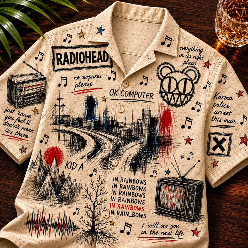 Radiohead Vintage Sketch Alternative Rock Artwork 2026 Hawaiian Shirt Radiohead Merch Fan Gift - Loomnari