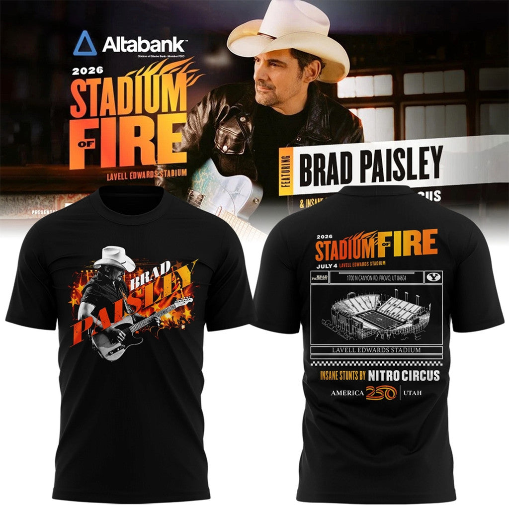 BYU Football X Brad Paisley Stadium Of Fire Tour 2026 Black Shirt Brad Paisley Merch - Loomnari