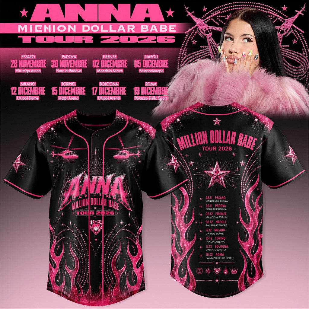 ANNA Million Dollar Babe Tour Black Pink Flame Baseball Jersey 2026 ANNA Merch Gift For Fans - Loomnari
