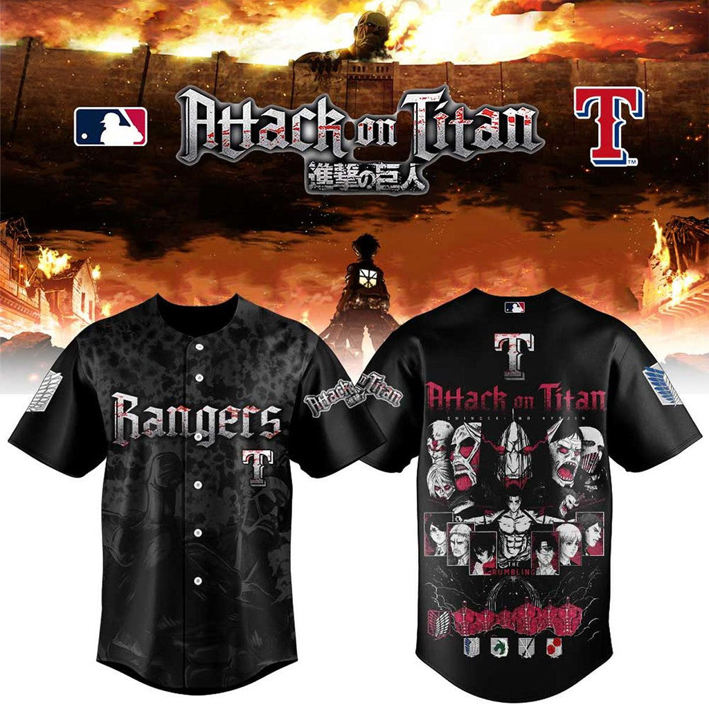Texas Rangers X Attack On Titan 2026 Baseball Jersey Texas Rangers Merch Best Gift For Him - Loomnari