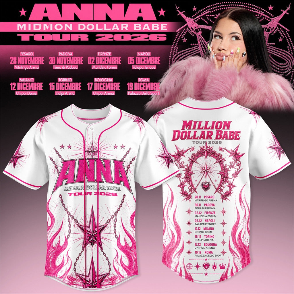 Anna Million Dollar Babe Tour White Pink Flame Baseball Jersey 2026 Anna Merch Gift For Rap Fan - Loomnari