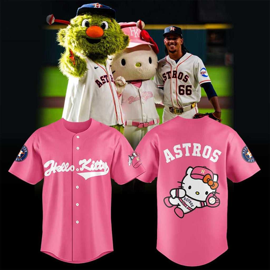 Houston Astros X Hello Kitty Pink Baseball Jersey 2026 Houston Astros Merch Cute Baseball Gifts - Loomnari